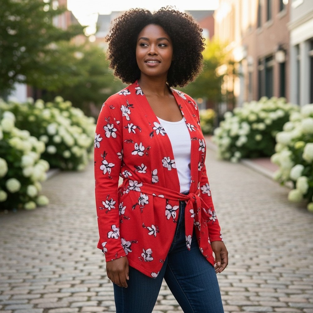 LYSEE QUIN WOMEN'S LONG SLEEVE RED POPPY PRINT JACKET BLAZER CARDIGAN Sz 2X
